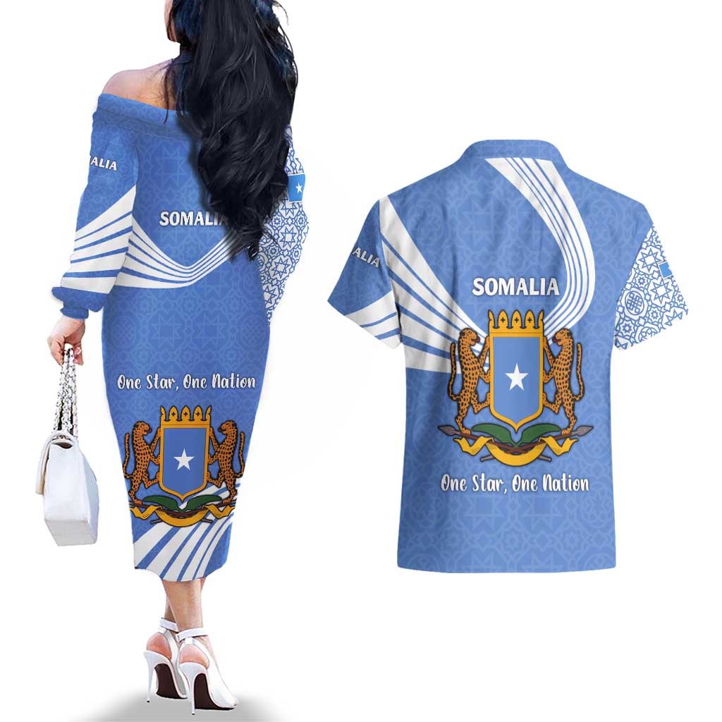 Somalia Couples Matching Off The Shoulder Long Sleeve Dress and Hawaiian Shirt with Coat of Arms One Star One Nation Blue White Spirit