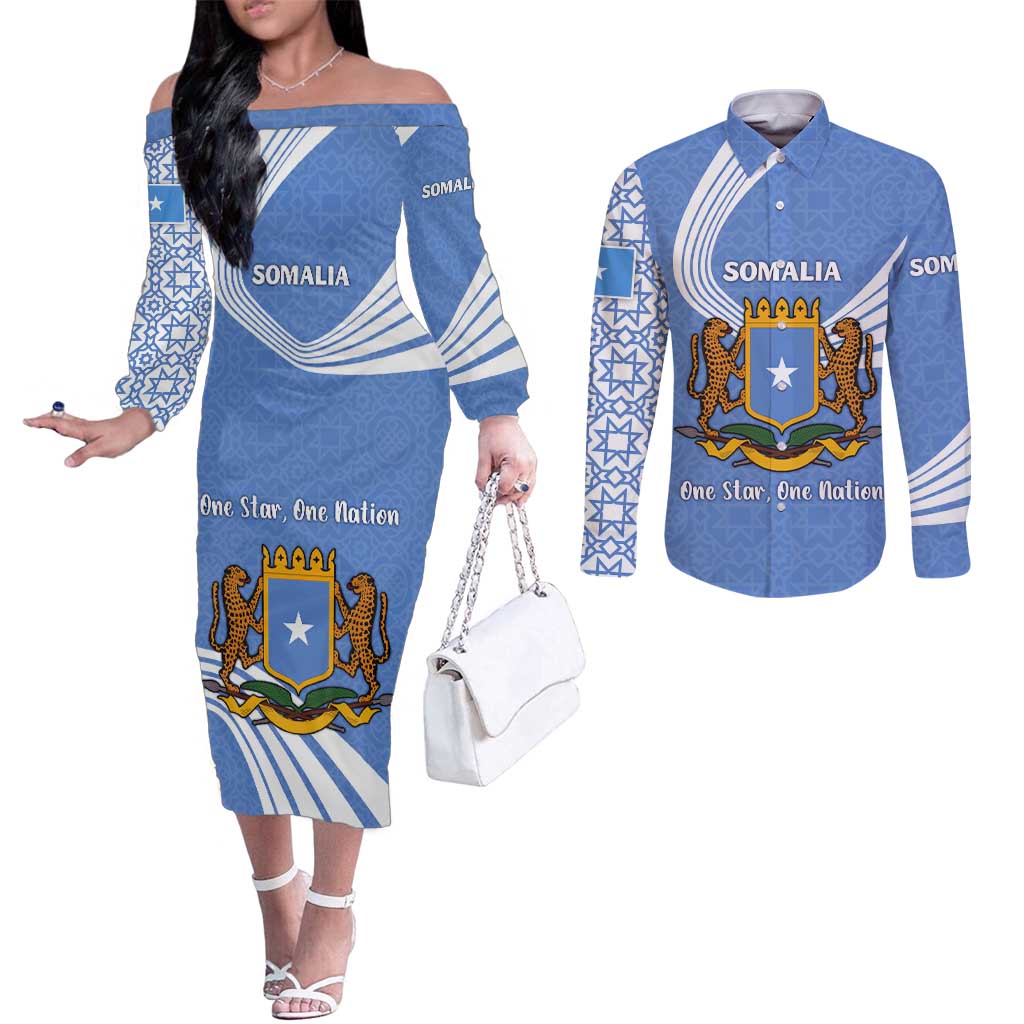 Somalia Couples Matching Off The Shoulder Long Sleeve Dress and Long Sleeve Button Shirt with Coat of Arms One Star One Nation Blue White Spirit