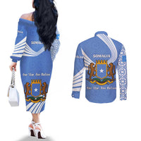 Somalia Couples Matching Off The Shoulder Long Sleeve Dress and Long Sleeve Button Shirt with Coat of Arms One Star One Nation Blue White Spirit