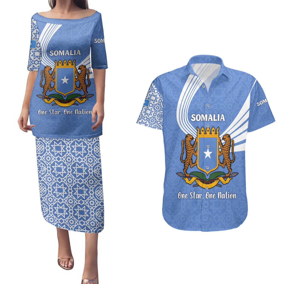 Somalia Couples Matching Puletasi and Hawaiian Shirt with Coat of Arms One Star One Nation Blue White Spirit