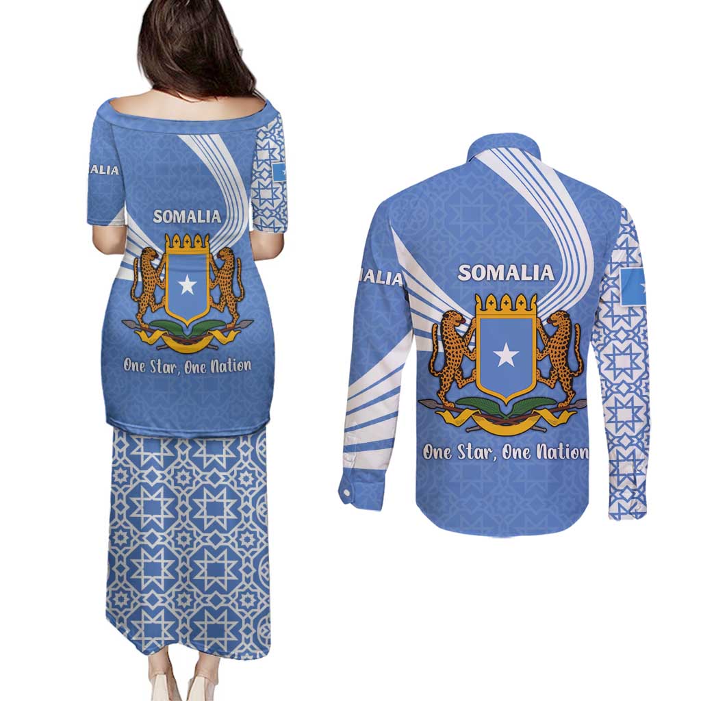 Somalia Couples Matching Puletasi and Long Sleeve Button Shirt with Coat of Arms One Star One Nation Blue White Spirit