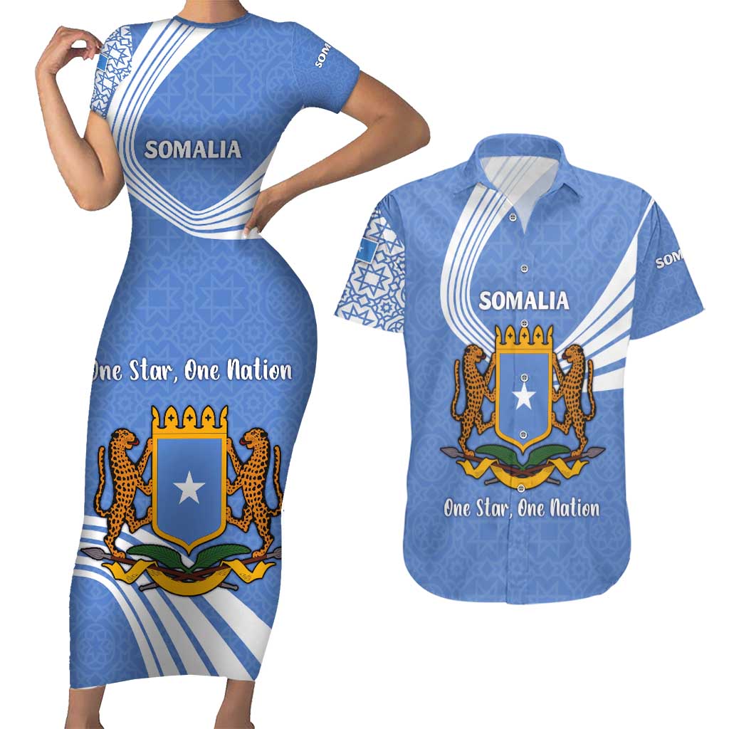 Somalia Couples Matching Short Sleeve Bodycon Dress and Hawaiian Shirt with Coat of Arms One Star One Nation Blue White Spirit