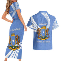 Somalia Couples Matching Short Sleeve Bodycon Dress and Hawaiian Shirt with Coat of Arms One Star One Nation Blue White Spirit