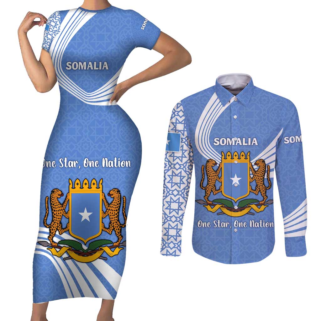 Somalia Couples Matching Short Sleeve Bodycon Dress and Long Sleeve Button Shirt with Coat of Arms One Star One Nation Blue White Spirit