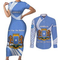 Somalia Couples Matching Short Sleeve Bodycon Dress and Long Sleeve Button Shirt with Coat of Arms One Star One Nation Blue White Spirit