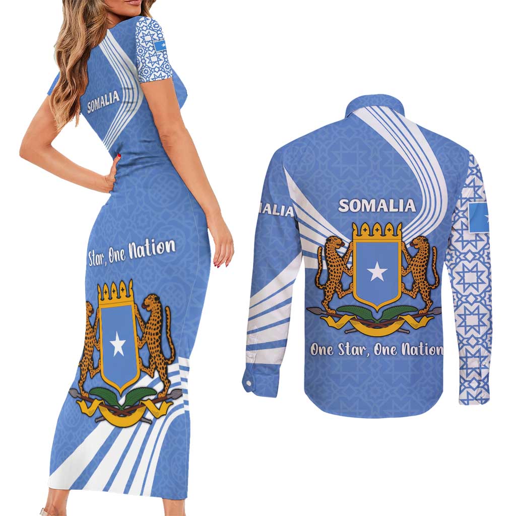 Somalia Couples Matching Short Sleeve Bodycon Dress and Long Sleeve Button Shirt with Coat of Arms One Star One Nation Blue White Spirit