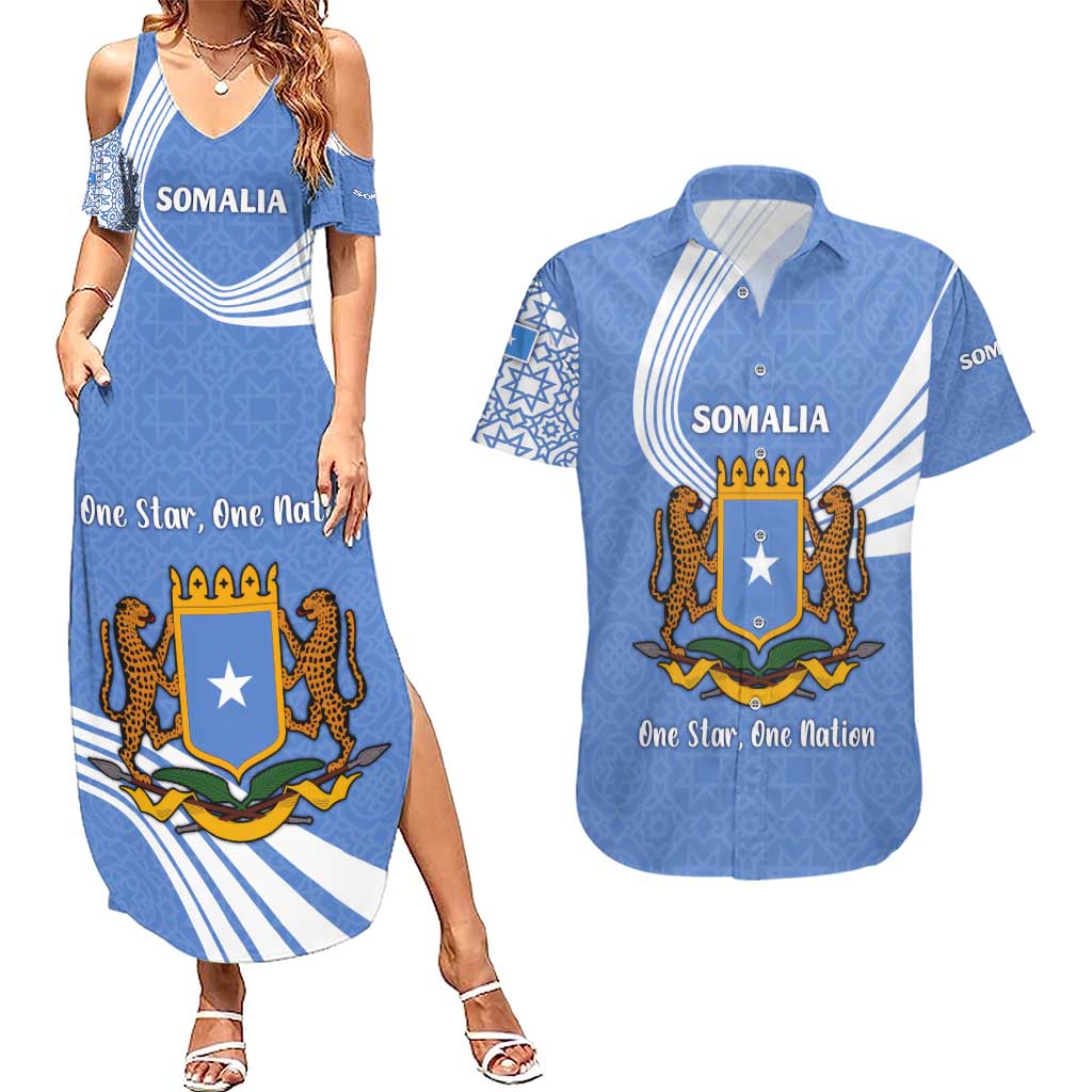 Somalia Couples Matching Summer Maxi Dress and Hawaiian Shirt with Coat of Arms One Star One Nation Blue White Spirit