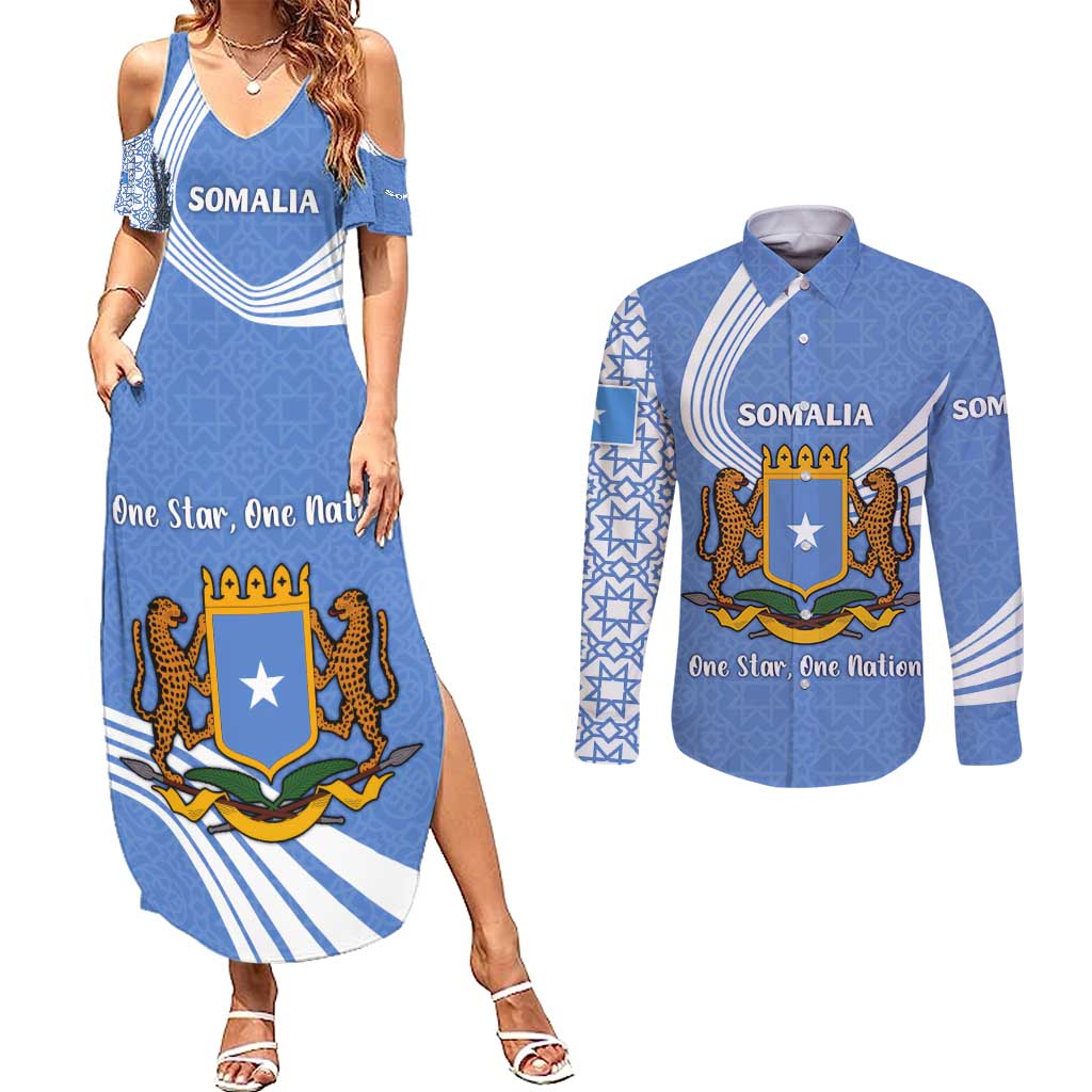 Somalia Couples Matching Summer Maxi Dress and Long Sleeve Button Shirt with Coat of Arms One Star One Nation Blue White Spirit