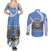 Somalia Couples Matching Summer Maxi Dress and Long Sleeve Button Shirt with Coat of Arms One Star One Nation Blue White Spirit
