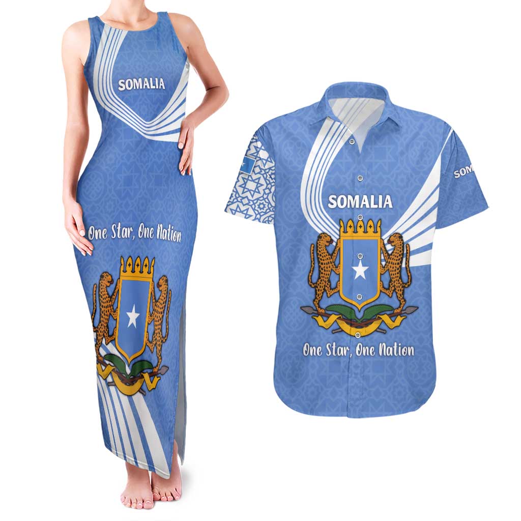 Somalia Couples Matching Tank Maxi Dress and Hawaiian Shirt with Coat of Arms One Star One Nation Blue White Spirit