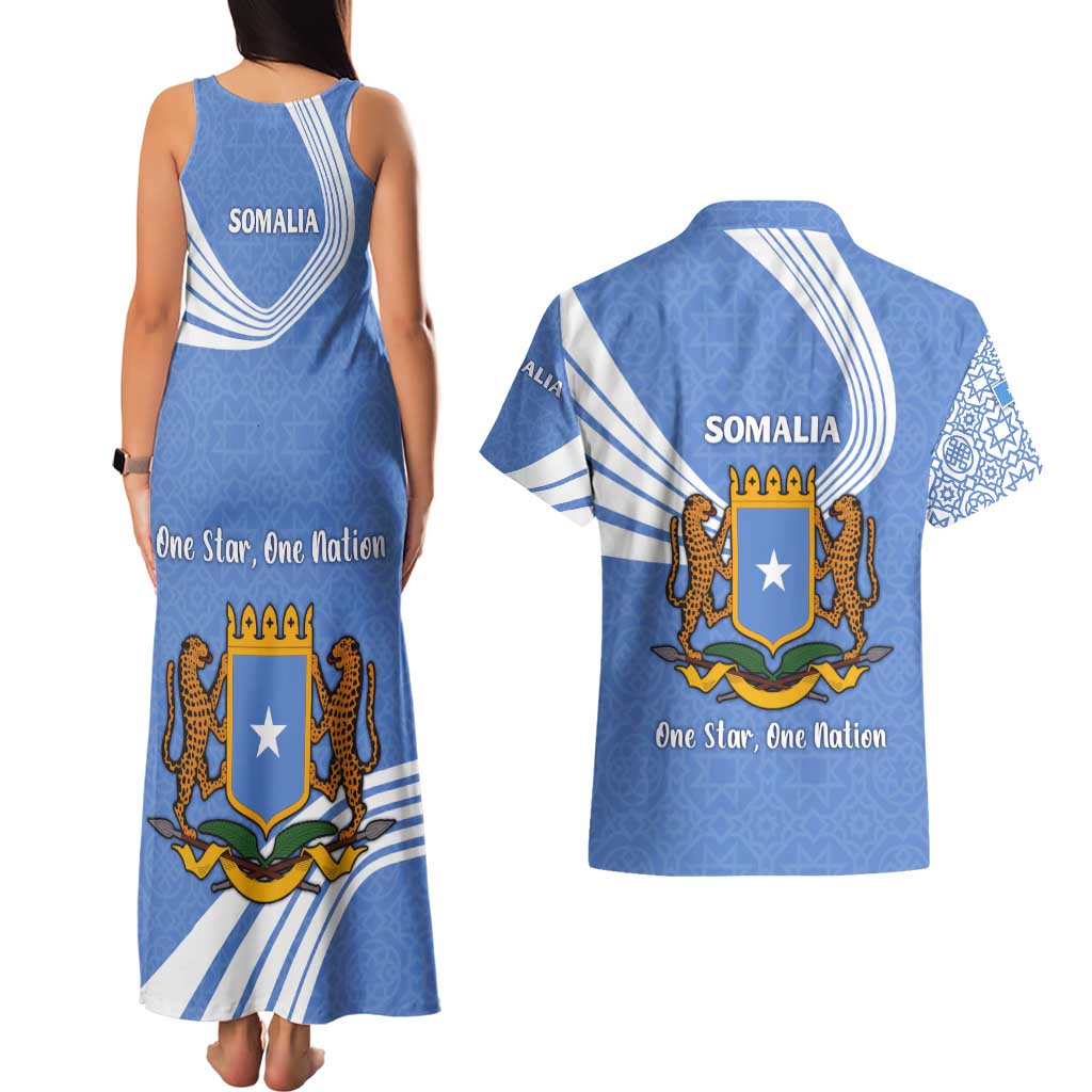 Somalia Couples Matching Tank Maxi Dress and Hawaiian Shirt with Coat of Arms One Star One Nation Blue White Spirit