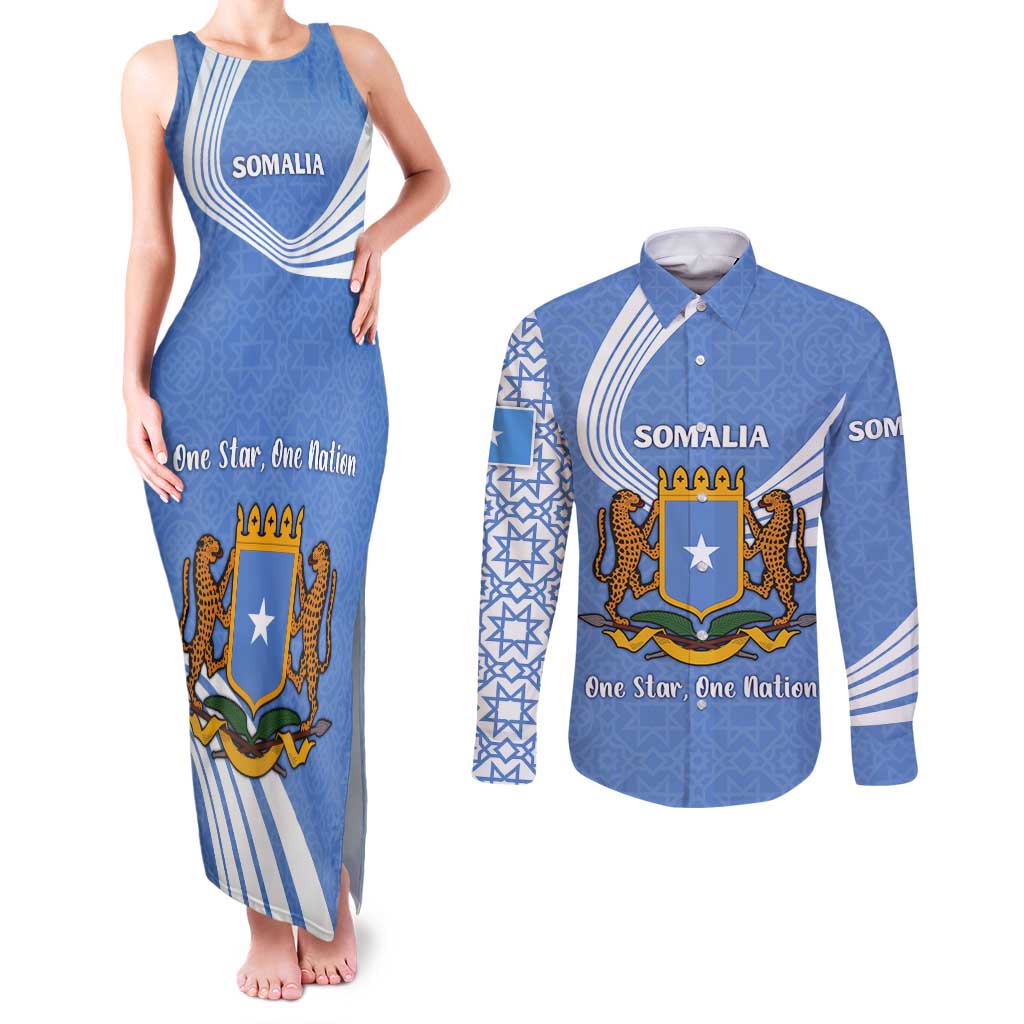 Somalia Couples Matching Tank Maxi Dress and Long Sleeve Button Shirt with Coat of Arms One Star One Nation Blue White Spirit