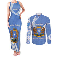 Somalia Couples Matching Tank Maxi Dress and Long Sleeve Button Shirt with Coat of Arms One Star One Nation Blue White Spirit