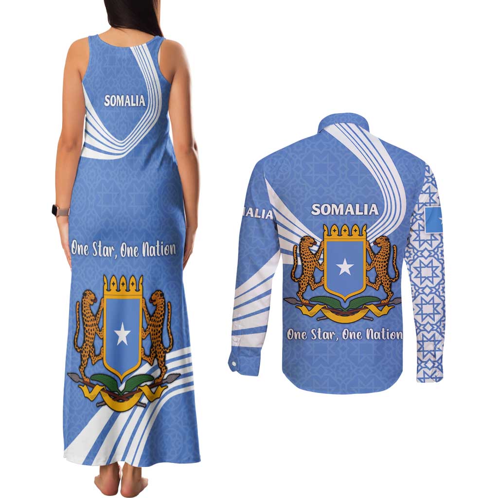Somalia Couples Matching Tank Maxi Dress and Long Sleeve Button Shirt with Coat of Arms One Star One Nation Blue White Spirit