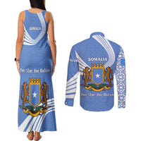Somalia Couples Matching Tank Maxi Dress and Long Sleeve Button Shirt with Coat of Arms One Star One Nation Blue White Spirit