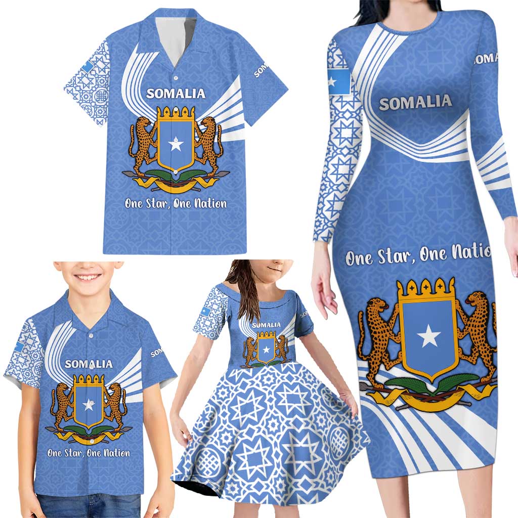 Somalia Family Matching Long Sleeve Bodycon Dress and Hawaiian Shirt with Coat of Arms One Star One Nation Blue White Spirit