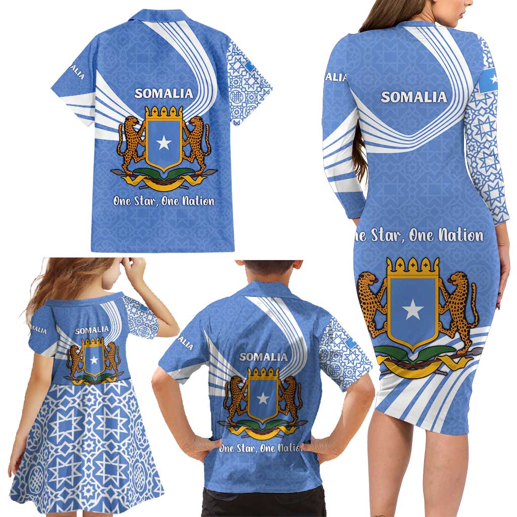Somalia Family Matching Long Sleeve Bodycon Dress and Hawaiian Shirt with Coat of Arms One Star One Nation Blue White Spirit
