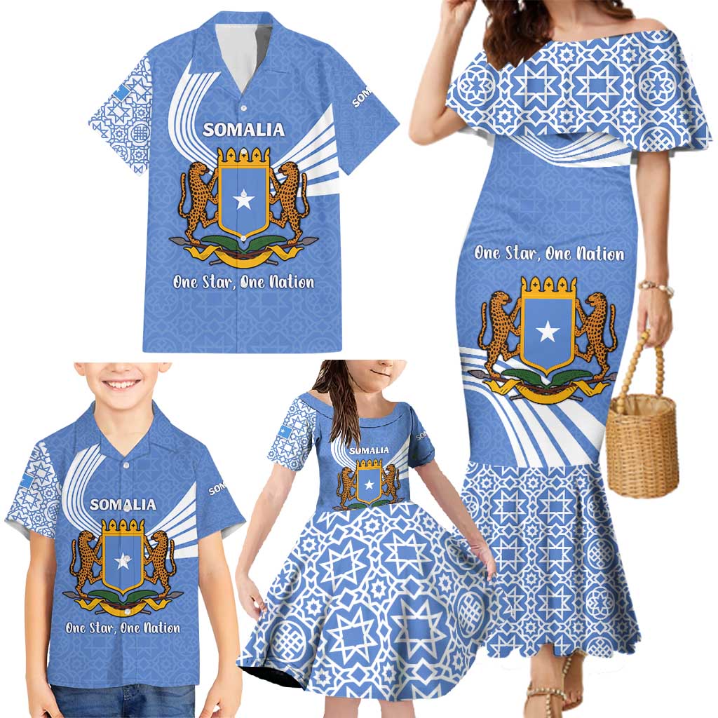 Somalia Family Matching Mermaid Dress and Hawaiian Shirt with Coat of Arms One Star One Nation Blue White Spirit