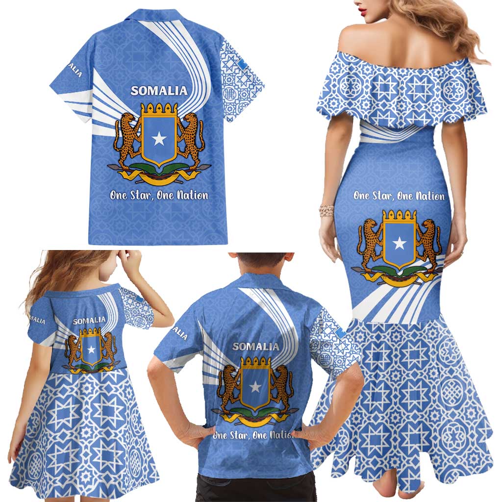 Somalia Family Matching Mermaid Dress and Hawaiian Shirt with Coat of Arms One Star One Nation Blue White Spirit