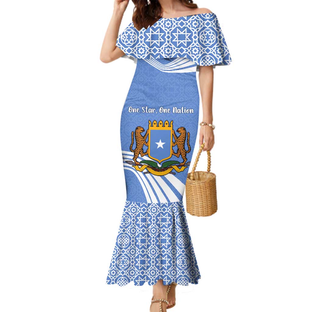 Somalia Family Matching Mermaid Dress and Hawaiian Shirt with Coat of Arms One Star One Nation Blue White Spirit