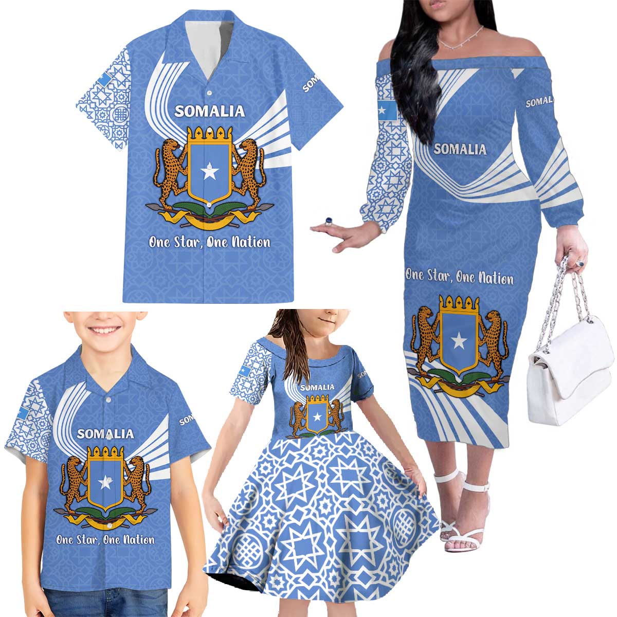 Somalia Family Matching Off The Shoulder Long Sleeve Dress and Hawaiian Shirt with Coat of Arms One Star One Nation Blue White Spirit