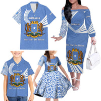 Somalia Family Matching Off The Shoulder Long Sleeve Dress and Hawaiian Shirt with Coat of Arms One Star One Nation Blue White Spirit