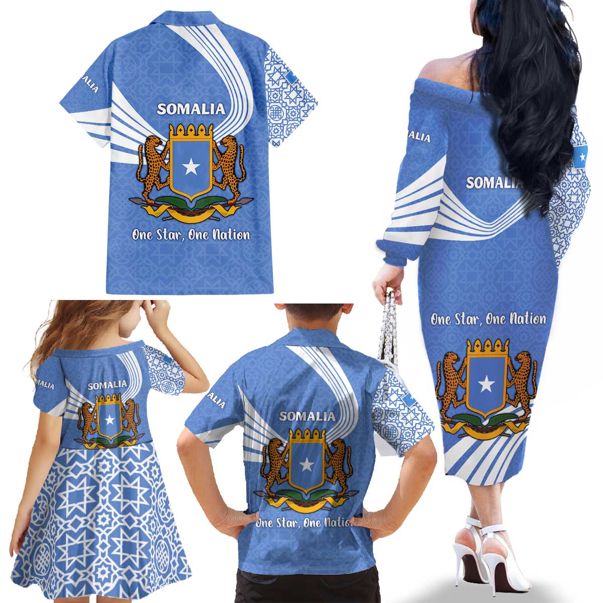 Somalia Family Matching Off The Shoulder Long Sleeve Dress and Hawaiian Shirt with Coat of Arms One Star One Nation Blue White Spirit