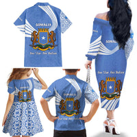 Somalia Family Matching Off The Shoulder Long Sleeve Dress and Hawaiian Shirt with Coat of Arms One Star One Nation Blue White Spirit