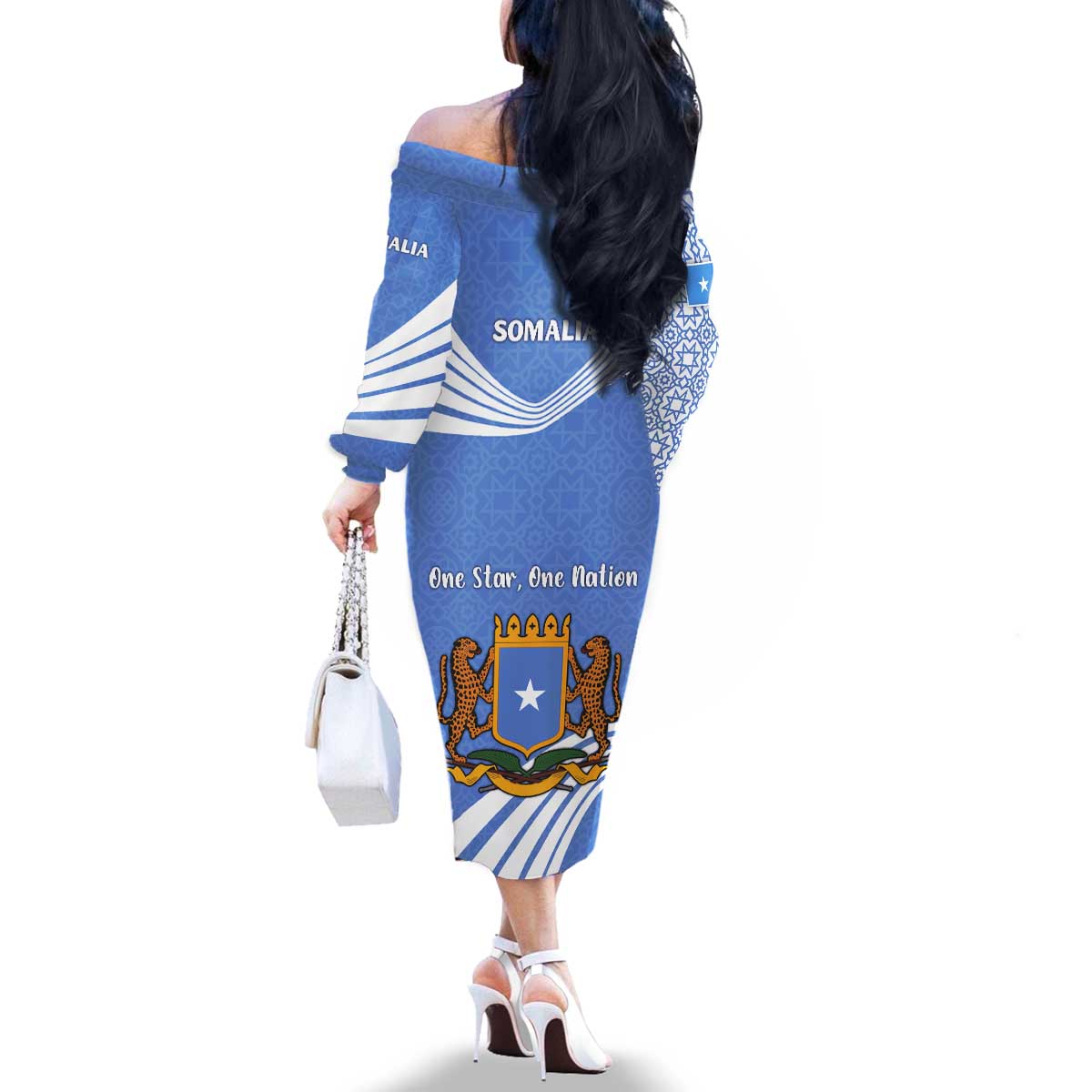 Somalia Family Matching Off The Shoulder Long Sleeve Dress and Hawaiian Shirt with Coat of Arms One Star One Nation Blue White Spirit
