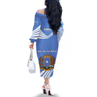 Somalia Family Matching Off The Shoulder Long Sleeve Dress and Hawaiian Shirt with Coat of Arms One Star One Nation Blue White Spirit