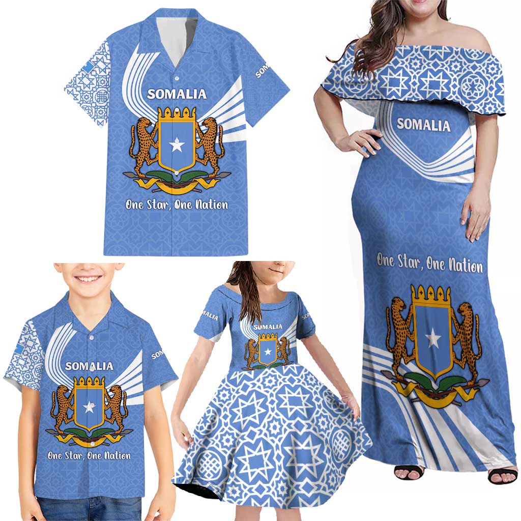 Somalia Family Matching Off Shoulder Maxi Dress and Hawaiian Shirt with Coat of Arms One Star One Nation Blue White Spirit