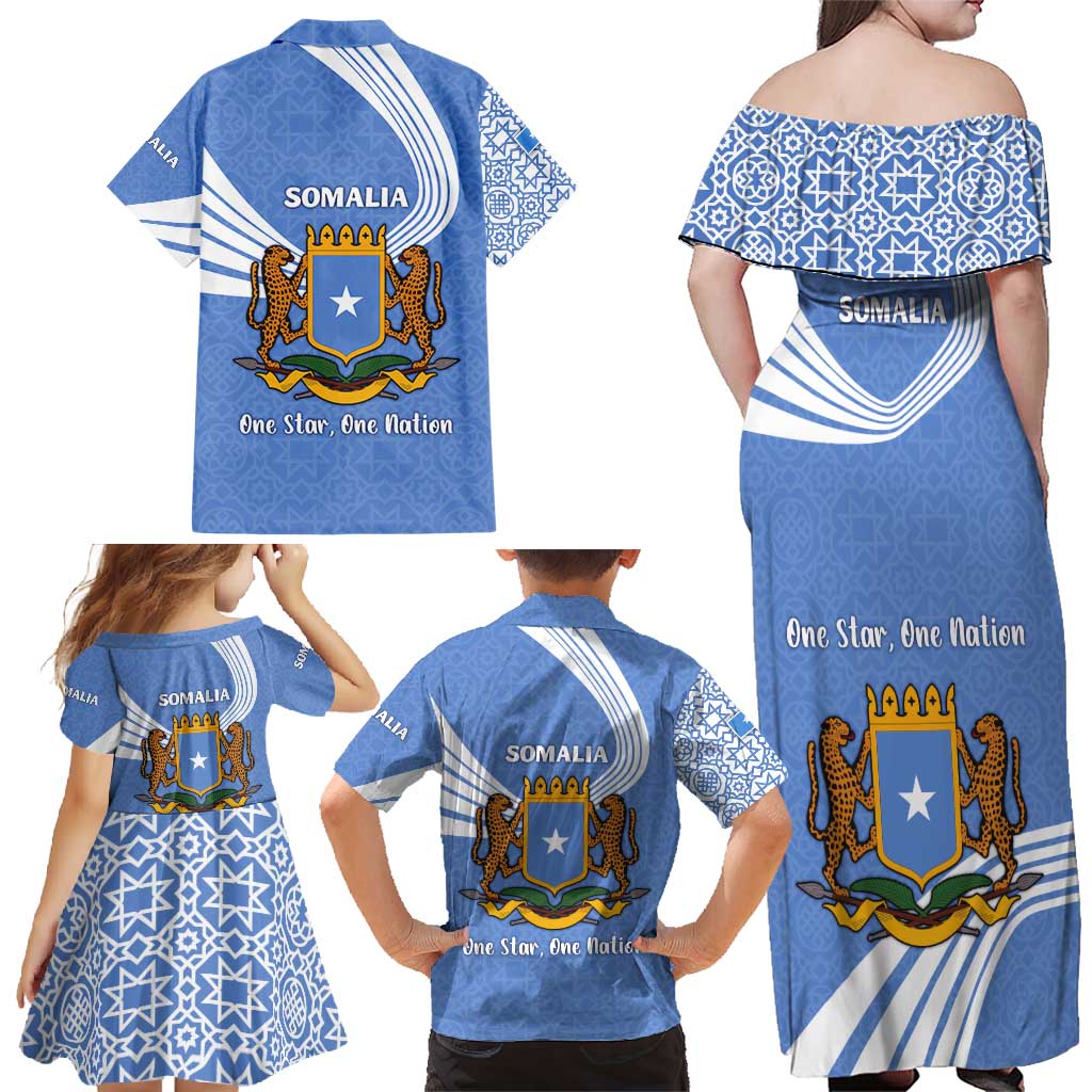 Somalia Family Matching Off Shoulder Maxi Dress and Hawaiian Shirt with Coat of Arms One Star One Nation Blue White Spirit