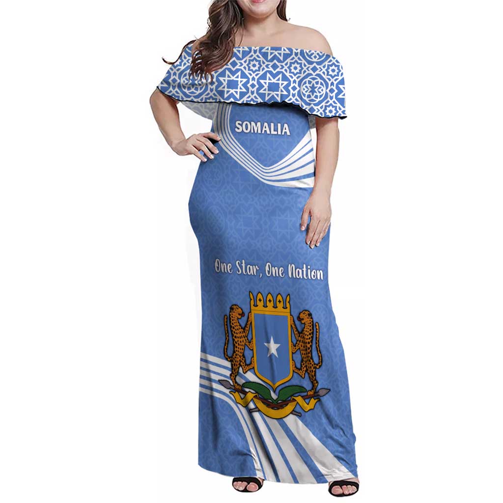 Somalia Family Matching Off Shoulder Maxi Dress and Hawaiian Shirt with Coat of Arms One Star One Nation Blue White Spirit