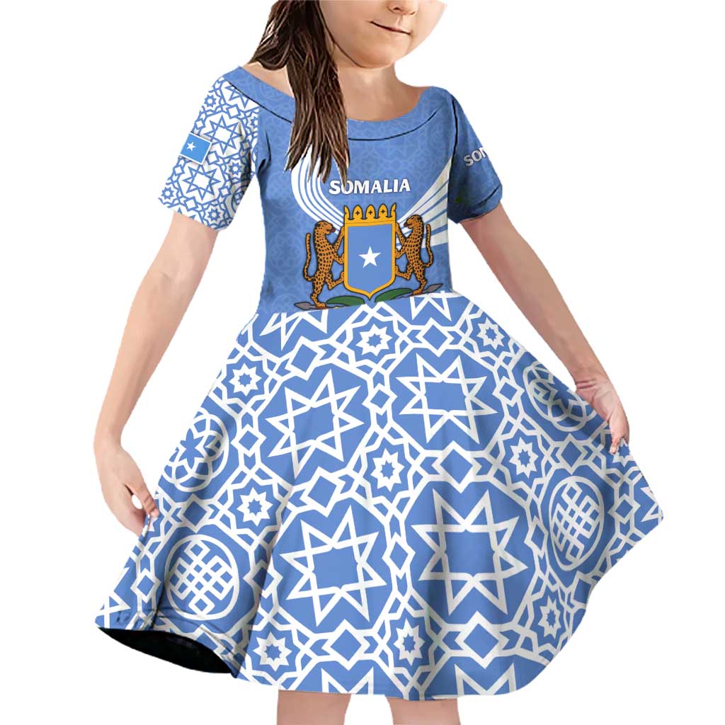 Somalia Family Matching Off Shoulder Short Dress and Hawaiian Shirt with Coat of Arms One Star One Nation Blue White Spirit