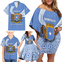 Somalia Family Matching Off Shoulder Short Dress and Hawaiian Shirt with Coat of Arms One Star One Nation Blue White Spirit