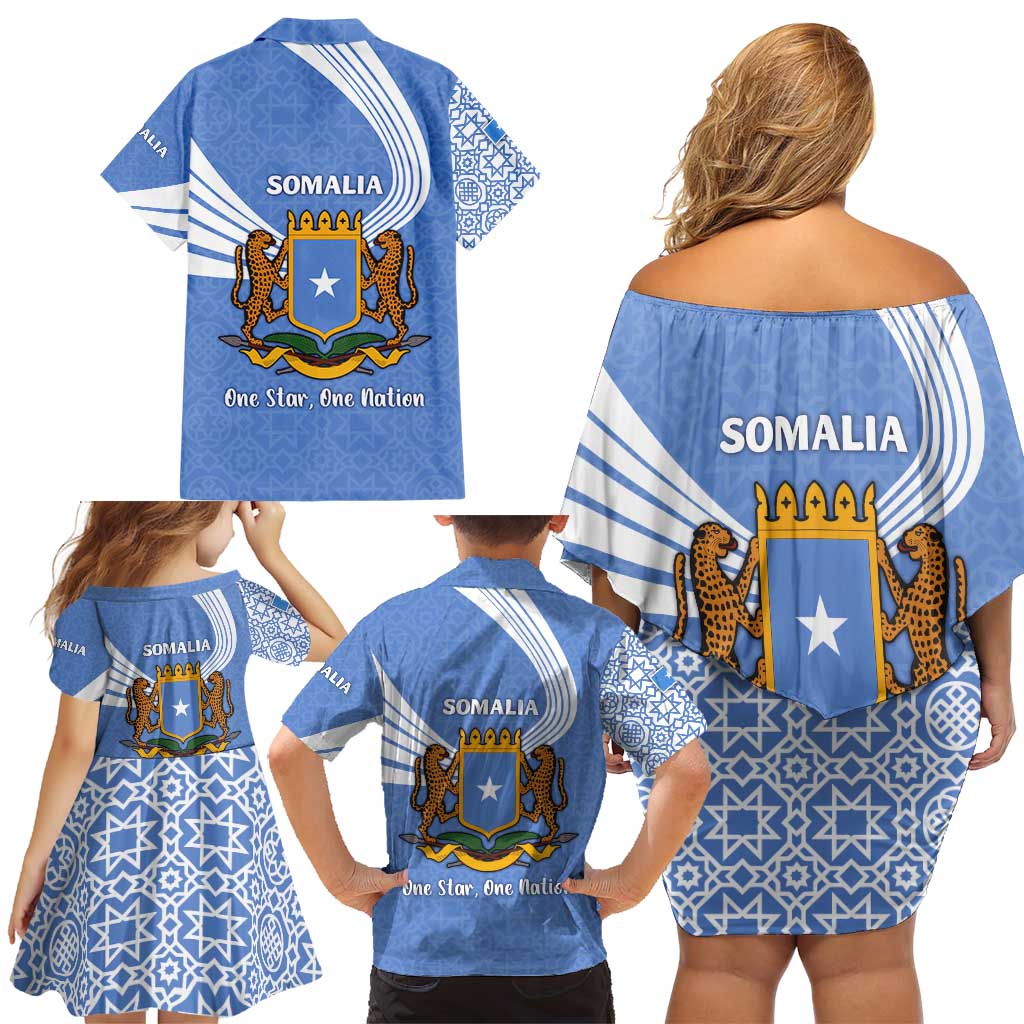 Somalia Family Matching Off Shoulder Short Dress and Hawaiian Shirt with Coat of Arms One Star One Nation Blue White Spirit