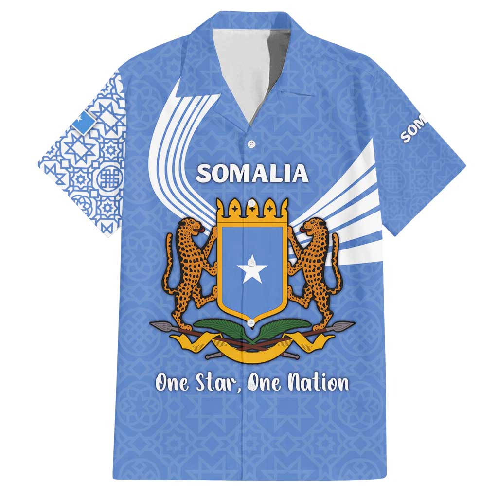 Somalia Family Matching Off Shoulder Short Dress and Hawaiian Shirt with Coat of Arms One Star One Nation Blue White Spirit