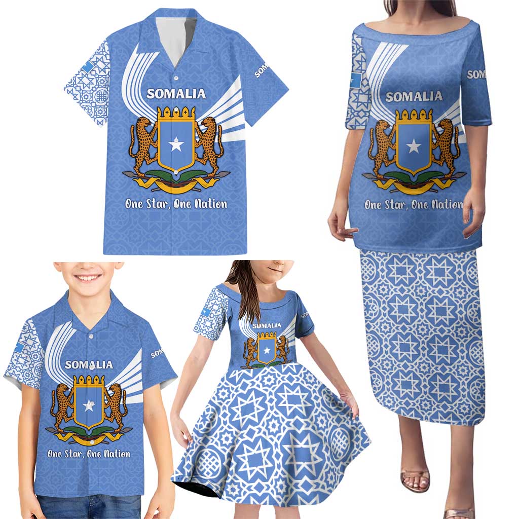 Somalia Family Matching Puletasi and Hawaiian Shirt with Coat of Arms One Star One Nation Blue White Spirit