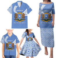 Somalia Family Matching Puletasi and Hawaiian Shirt with Coat of Arms One Star One Nation Blue White Spirit