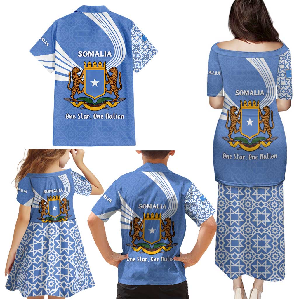 Somalia Family Matching Puletasi and Hawaiian Shirt with Coat of Arms One Star One Nation Blue White Spirit