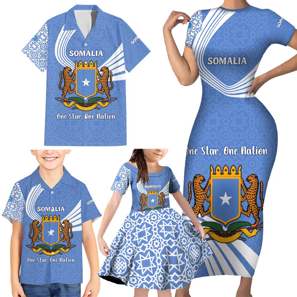Somalia Family Matching Short Sleeve Bodycon Dress and Hawaiian Shirt with Coat of Arms One Star One Nation Blue White Spirit