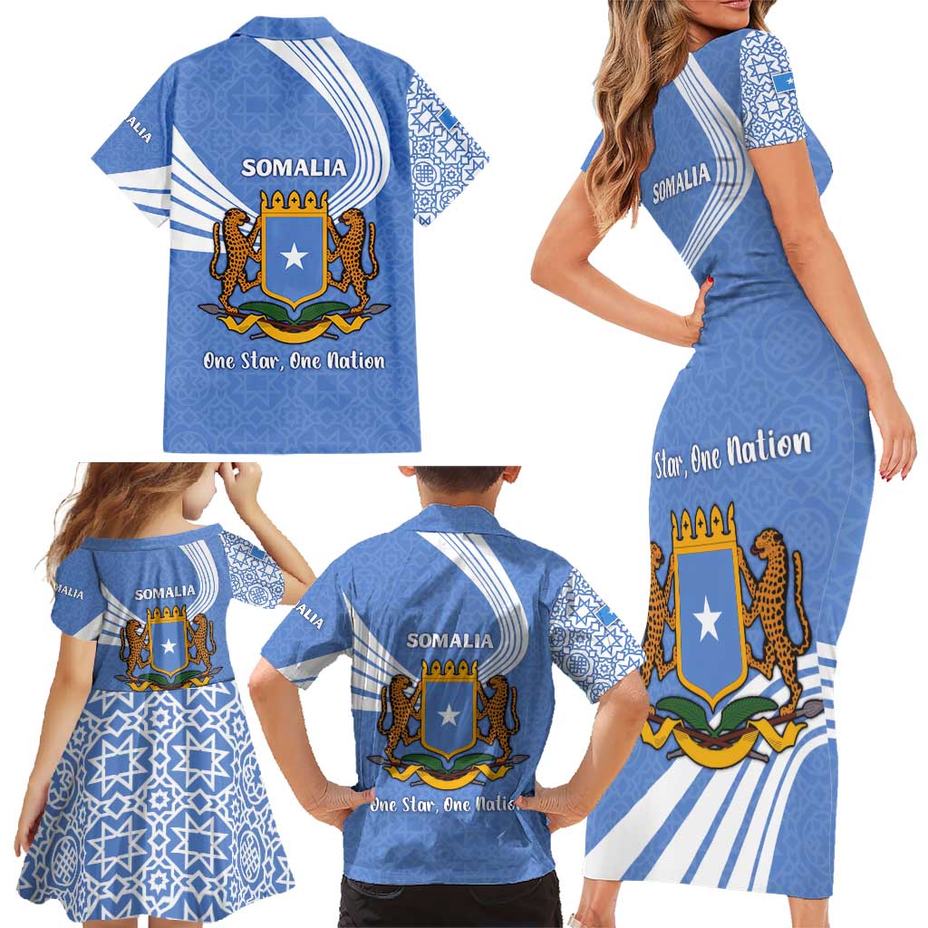 Somalia Family Matching Short Sleeve Bodycon Dress and Hawaiian Shirt with Coat of Arms One Star One Nation Blue White Spirit