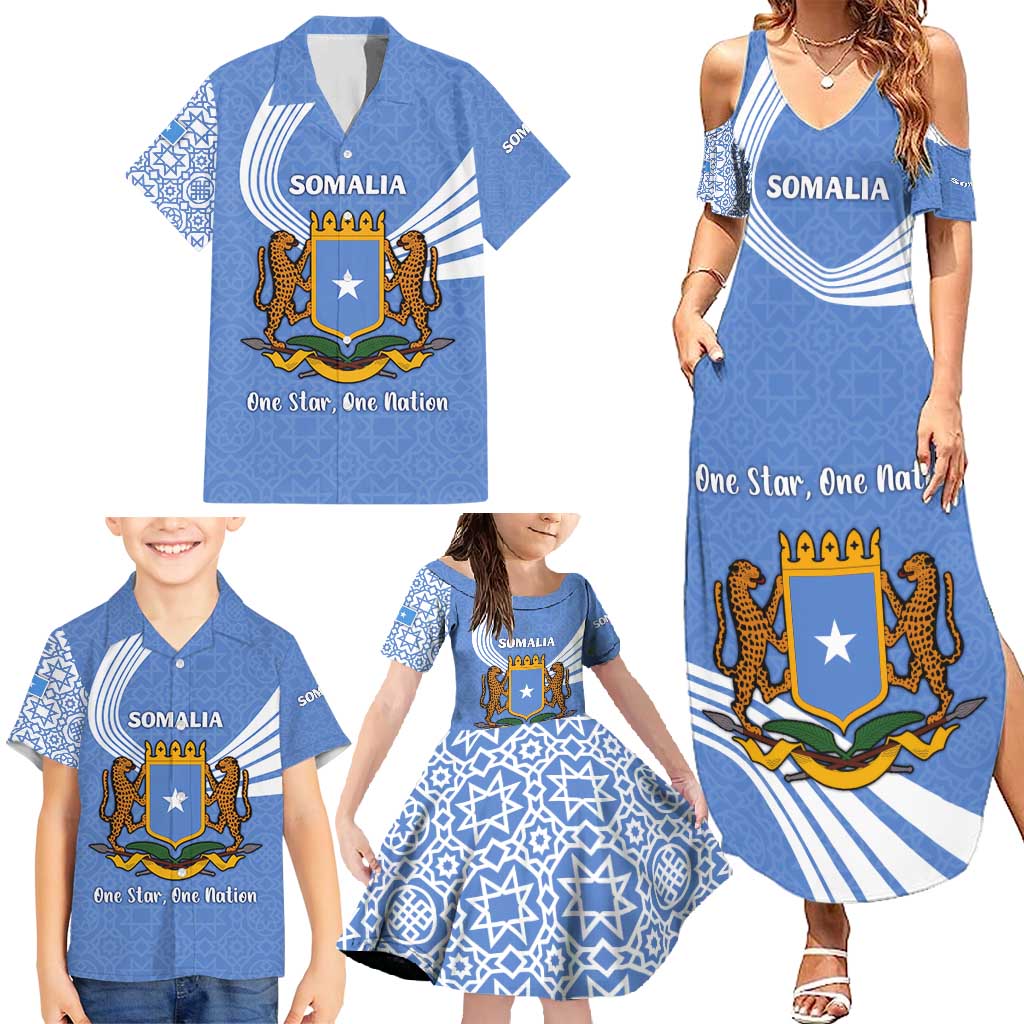 Somalia Family Matching Summer Maxi Dress and Hawaiian Shirt with Coat of Arms One Star One Nation Blue White Spirit