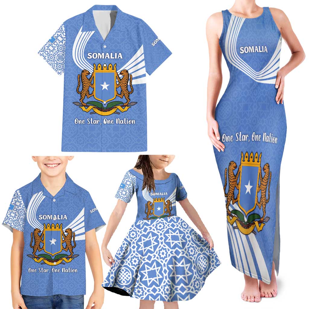 Somalia Family Matching Tank Maxi Dress and Hawaiian Shirt with Coat of Arms One Star One Nation Blue White Spirit