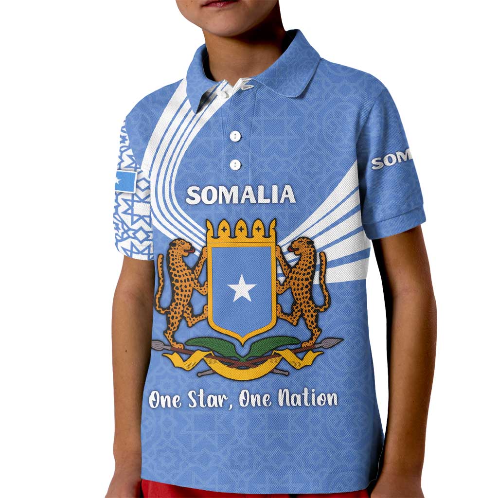 Somalia Kid Polo Shirt with Coat of Arms One Star One Nation Blue White Spirit