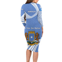 Somalia Long Sleeve Bodycon Dress with Coat of Arms One Star One Nation Blue White Spirit