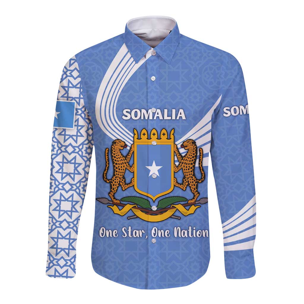 Somalia Long Sleeve Button Shirt with Coat of Arms One Star One Nation Blue White Spirit