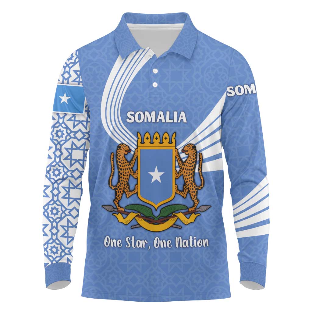 Somalia Long Sleeve Polo Shirt with Coat of Arms One Star One Nation Blue White Spirit
