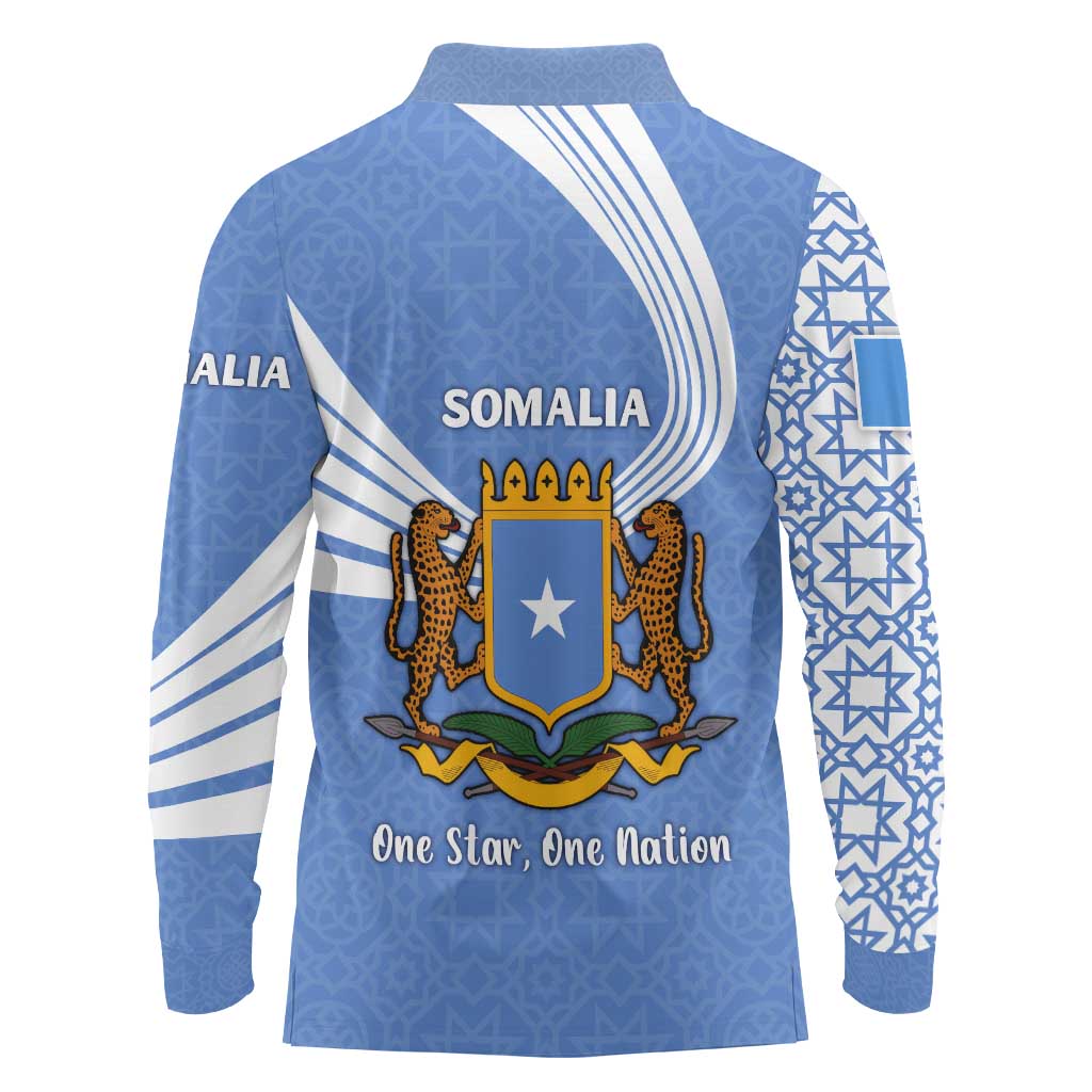 Somalia Long Sleeve Polo Shirt with Coat of Arms One Star One Nation Blue White Spirit