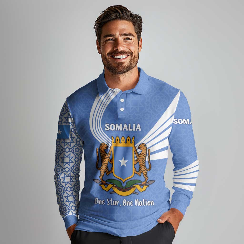 Somalia Long Sleeve Polo Shirt with Coat of Arms One Star One Nation Blue White Spirit
